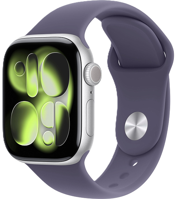 Apple Watch Series 11, 46 мм, корпус из алюминия серебристого цвета, спортивный ремешок цвета "фиолетовый туман"