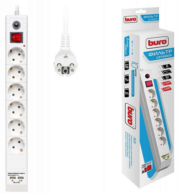 Сетевой фильтр BURO BU-SP5_USB_2A-W 5м белый
