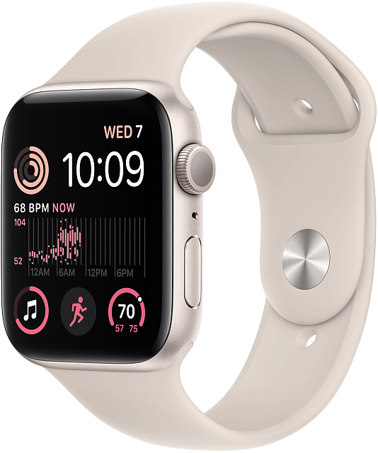 Apple Watch SE (2022), 44 мм, корпус из алюминия цвета «сияющая звезда», спортивный ремешок «сияющая
