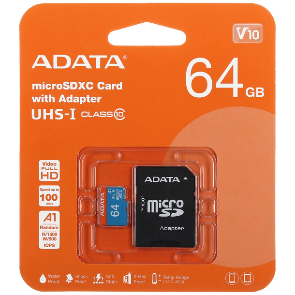 Флэш-карта Micro-SD 64GB ADATA (AUSDX64GUICL10A1-RA1)
