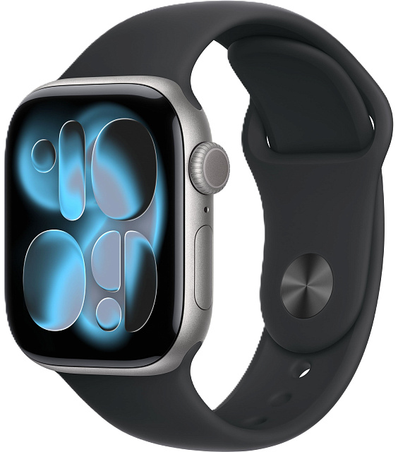 Apple Watch Series 11, 42 мм, корпус из алюминия цвета «космический серый», спортивный ремешок чёрного цвета