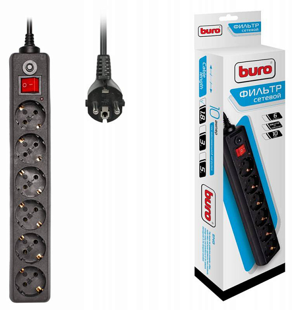 Сетевой фильтр BURO 600SH-3-B 3м (6 розеток) черный
