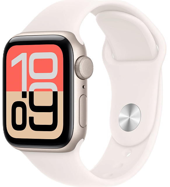 Apple Watch SE (2025), 40 мм, корпус из алюминия цвета «сияющая звезда», спортивный ремешок цвета «лёгкий румянец»