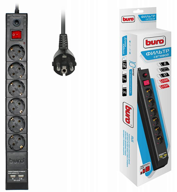 Сетевой фильтр BURO BU-SP1,8_USB_2A-B 1,8м чёрный
