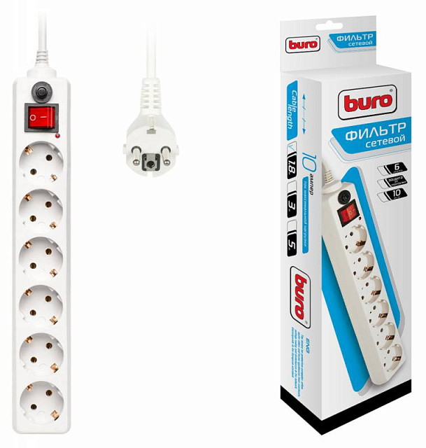 Сетевой фильтр BURO 600SH-1.8-W 1.8м (6 розеток) белый
