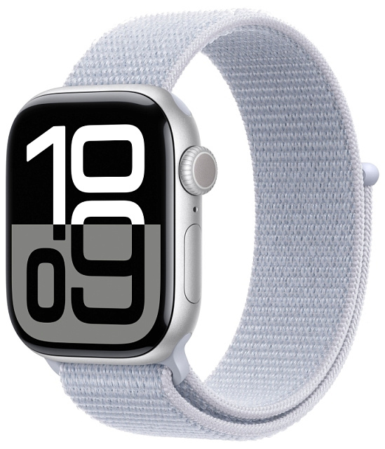 Apple Watch Series 10, 46 мм, корпус из алюминия серебристого цвета, спортивный ремешок Loop дымчато-голубого цвета