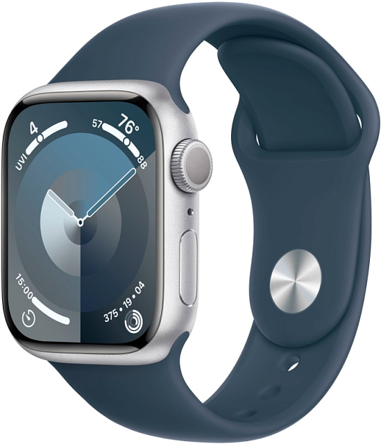 Apple Watch Series 9, 41 мм, корпус из алюминия серебристого цвета, спортивный ремешок цвета «грозов
